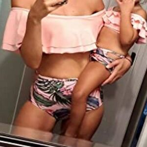 IFFEI Ruffled Off the Shouldet Bikini Top & Strappy Tropical Print Bikini Set M